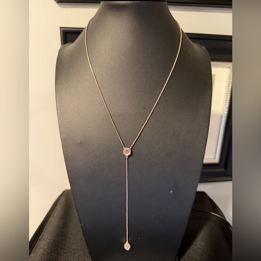 NWT Kendra Scott "Tomon" lariat Necklace in rose gold metal w/ dichroic glass! - Picture 12 of 13